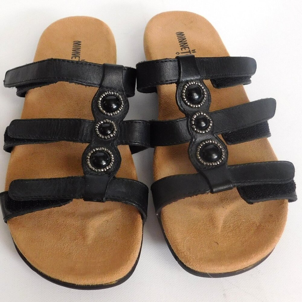Minnetonka Leather Sandals Black Slip-On 3 Straps Women's Size 6 Adjustable